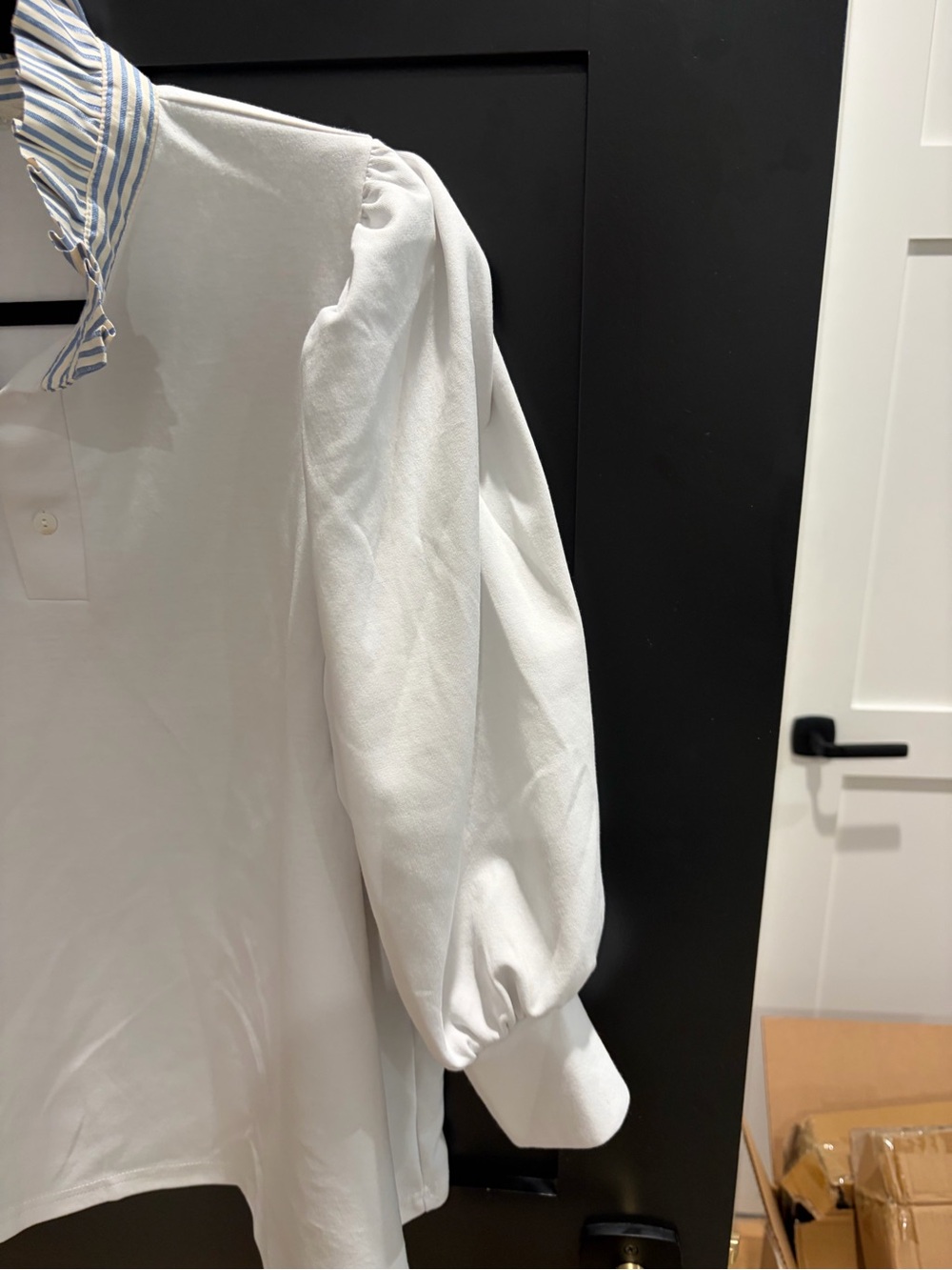 entro White Polo with Blue-Striped Ruffle Collar and Puff Sleeves - Picture 3 of 5